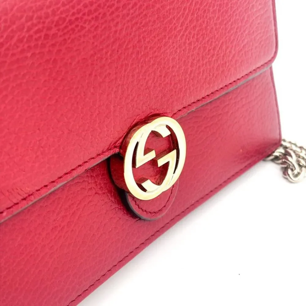 Gucci Interlocking G Leather Chain Shoulder Bag Red Gold Hardware